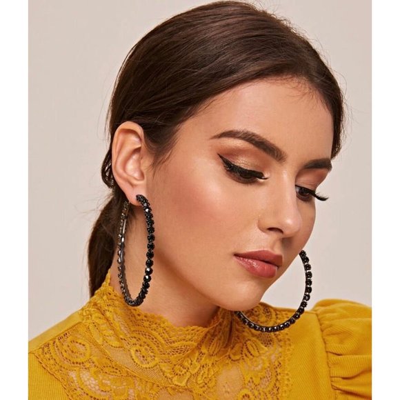 Large Big Black Pierced acrylic Rhinestone Hoop Crystal Pageant Earring chunky - Picture 1 of 5